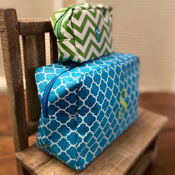 Monogram "S" Cosmetic Bags Set of 2, Blue & Green "S" Cosmetic Bags, Makeup Bags - Picture 3 of 16